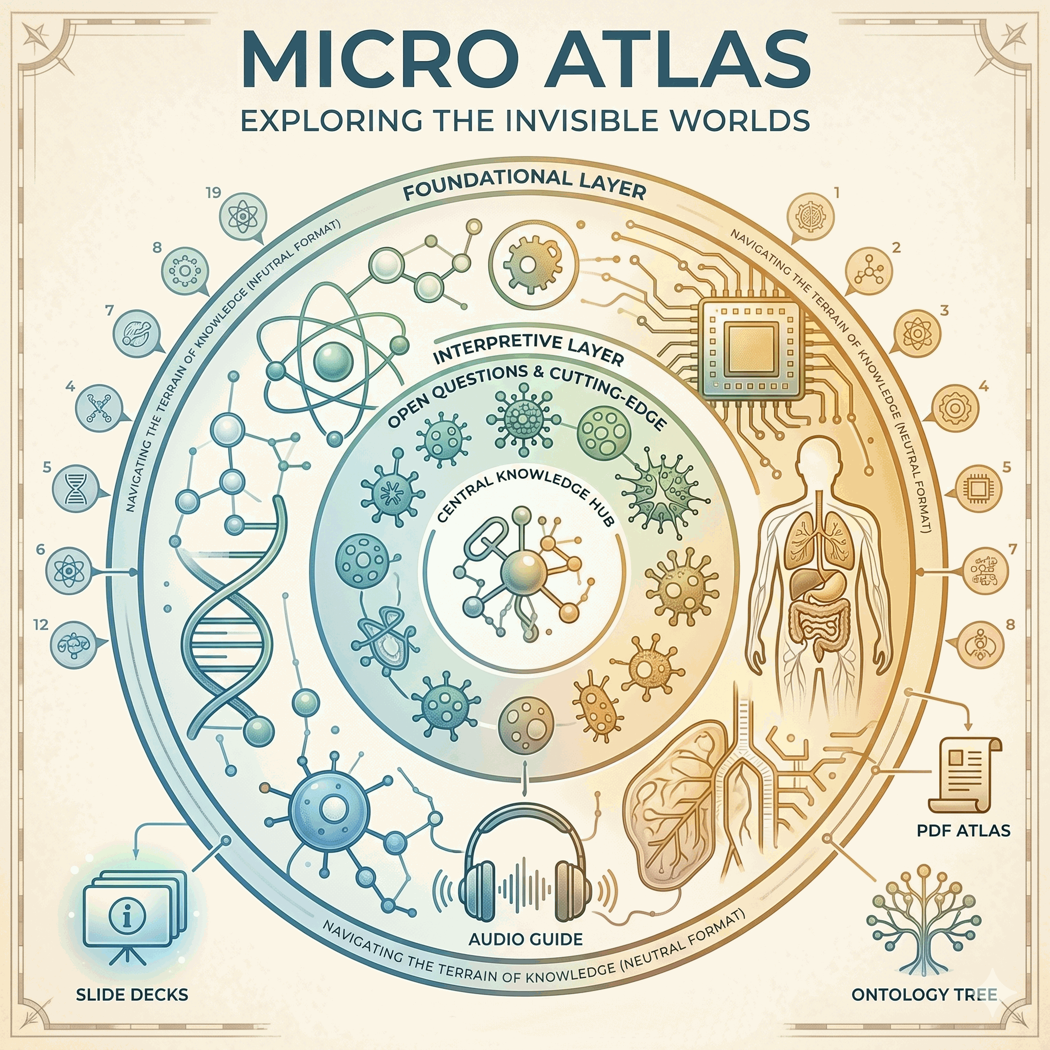 Micro Atlas — a circular diagram exploring the invisible worlds: biology, microbiology, technology, and human systems
